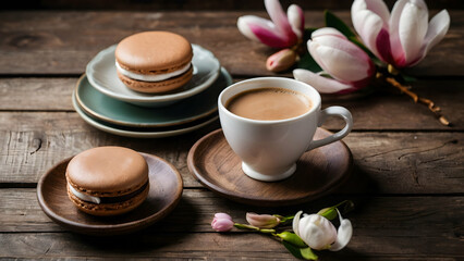 Obraz na płótnie Canvas Morning cup of coffee with milk, cake macaron, gift or present box and magnolia flowers on rustic wooden table. flat lay