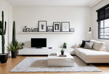 Trendy white living room with modern decoration, simple home decor. Room with black furniture,...