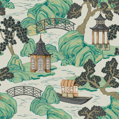 Chinese pagoda, boat, river, tree landscape seamless pattern. Chinoiserie wallpaper.	 - 733426843