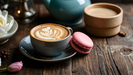 Foto auf Acrylglas Morning cup of coffee with milk, cake macaron, gift or present box and magnolia flowers on rustic wooden table. flat lay © Zulfi_Art