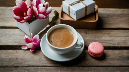 Fototapeta na wymiar Morning cup of coffee with milk, cake macaron, gift or present box and magnolia flowers on rustic wooden table. flat lay