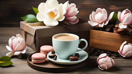 Fototapeta na wymiar Morning cup of coffee with milk, cake macaron, gift or present box and magnolia flowers on rustic wooden table. flat lay