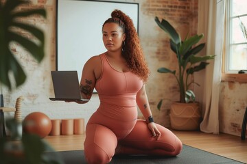 A poised woman in a vibrant pink outfit sits against a wall, her laptop resting on her stomach as she gazes out the window, adorned with lingerie and surrounded by elegant furniture and a vase, exudi - obrazy, fototapety, plakaty