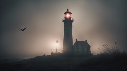 lighthouse at dusk A scary lighthouse in a foggy night, with a  , a crow,  