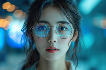 Fototapeta premium close-up of asian girl with glasses working on smart screens