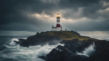 Fototapeta na wymiar lighthouse on the rocks Lighthouse In Stormy Landscape - Leader And Vision Concept 