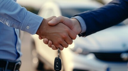 Crop dealer with car keys shaking hand of client