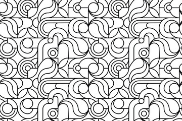Linear geometric seamless pattern with arcs and circles.Black white abstract vector background or texture for printing on fabric, paper.Coloring page antistress.Banner template,wall art decor,cover.