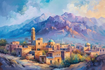 A scenic painting of an old Islamic town with traditional houses