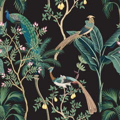 Vintage botanical garden tree, Chinese birds, peacock, palms floral seamless pattern. Exotic chinoiserie wallpaper.