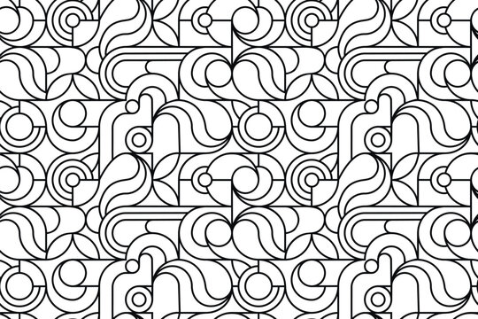 Linear geometric seamless pattern with arcs and circles.Black white abstract vector background or texture for printing on fabric, paper.Coloring page antistress.Banner template,wall art decor,cover.