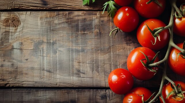 Ripe red vine tomatoes displayed on a rustic wooden background, showcasing freshness and natural beauty, ideal for food and culinary concepts