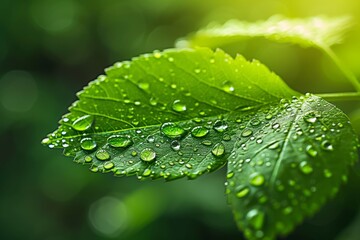 Glistening with morning dew, a single leaf is adorned with sparkling water droplets, a reminder of nature's refreshing and renewing power