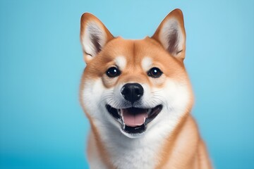 Portrait of a happy shiba inu dog on blue background.
