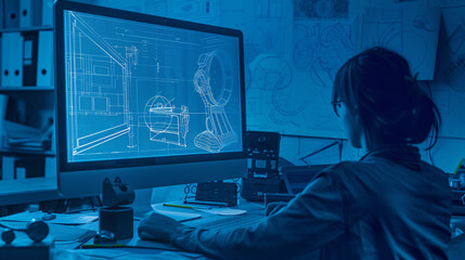 Engineer Analyzing Blueprints on Computer