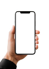 Modern smartphone with transparent screen in hand on transparent background.