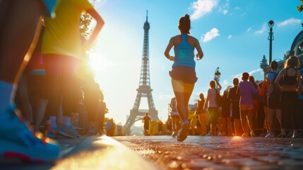 A vibrant evening marathon scene in Paris, highlighting runners with the iconic Eiffel Tower backdrop as the sun descends - obrazy, fototapety, plakaty
