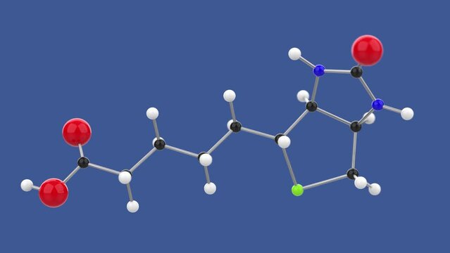 Vitamin B7 Biotin 3D molecule structure loop animation, spinning on blue background, 4k infinite looping render