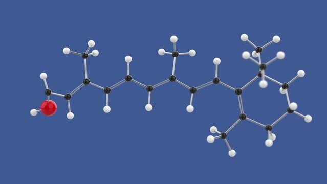 Vitamin A Retinol 3D molecule structure loop animation, spinning on blue background, 4k infinite looping render