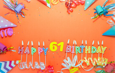 Top view birthday background with number  61. A beautiful holiday postcard on a colorful background...