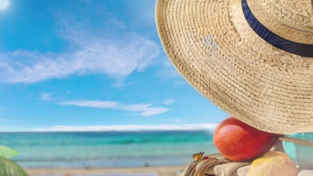 Straw Hat On A Tropical Beach And Blue Sky. Seamless Looping Time-lapse Virtual Video Animation Background