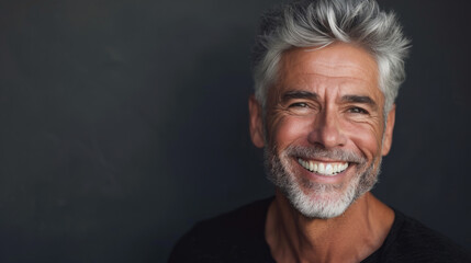 Handsome middle age man happy face smiling looking at the camera, mature age man with gray hair, Isolated on black background, copy space.