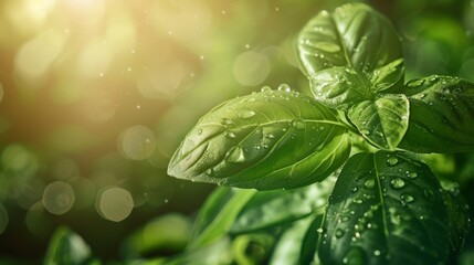 Fresh basil plant leaves bathed in sunlight with delicate drops of water, capturing intricate details against a softly blurred background