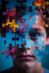 headshot of a jigsaw multi colored puzzle made of autism awareness puzzle pieces infant of a young autistic boy