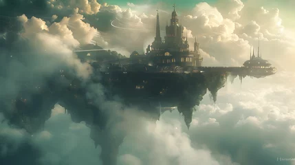 Türaufkleber Khaki floating city in the clouds, concept art, video game concept, video game concept art, backdrop, background, surreal background, aspect-ratio 16:9, video game landscape, surreal landscape