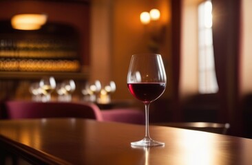a glass of red wine on a wooden table, wine expert, sommelier, wine tasting, winery concept, restaurant in the background, sunlight