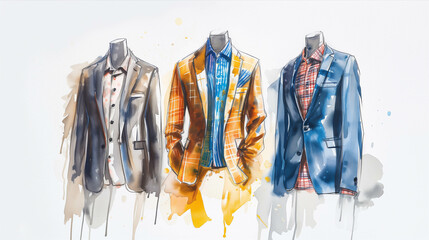 Watercolor design of men's clothing on white background.