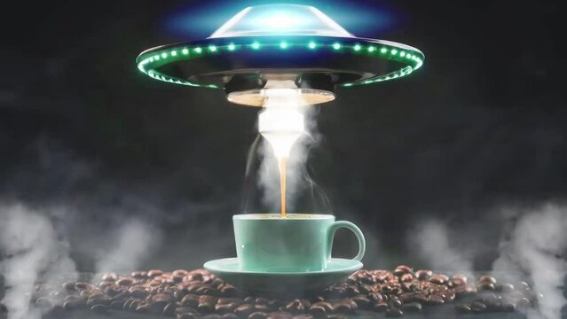 great ufo float drip coffee by dripper to cup while dripping big light and green coffee beans in the black. seamless looping time-lapse virtual video animation background
