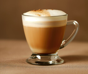 A close-up image capturing the rich texture and layers of a gourmet cappuccino topped with whipped cream and a sprinkle of cinnamon, served in an elegant glass mug.