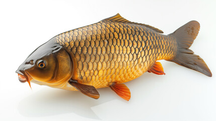 Fototapeta premium A detailed and realistic image of a golden carp, showcasing its intricate scales and fins, isolated against a white background.