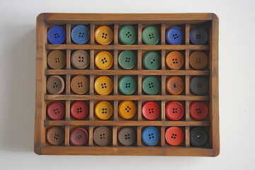 A neatly organized wooden tray holds a variety of colorful sewing buttons, showcasing an array of sizes and hues