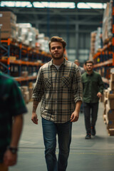 Caucasian team Confident working at the warehouse.