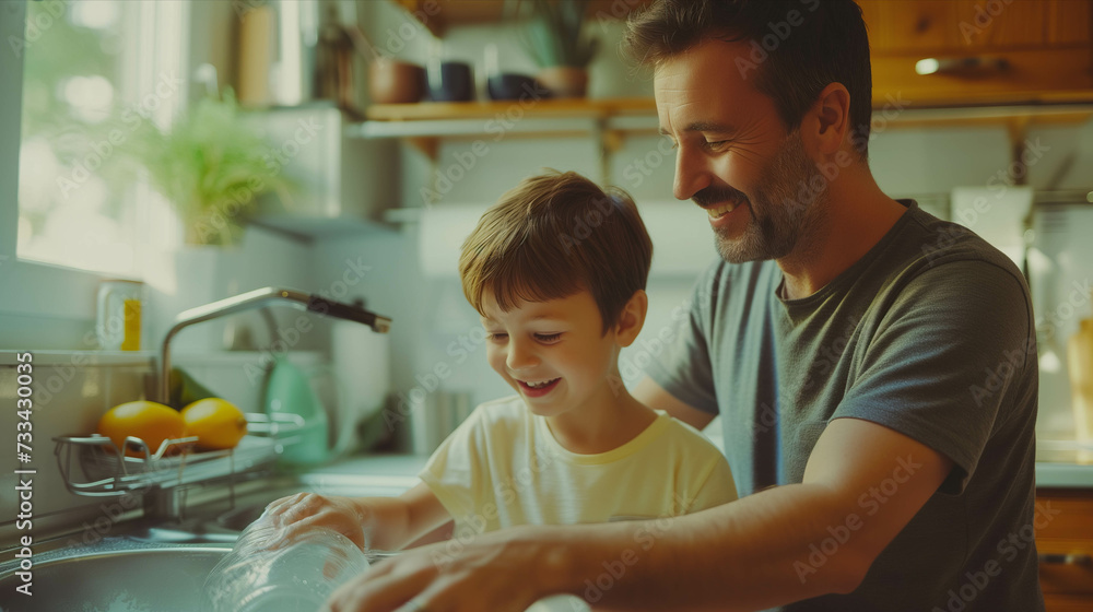 Wall mural Caucasian father and son washing dishes in the kitchen.