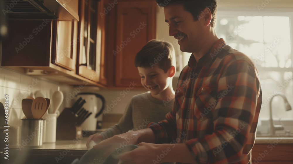 Wall mural caucasian father and son washing dishes in the kitchen.