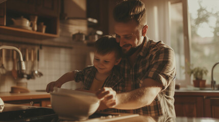 Caucasian father and son washing dishes in the kitchen. - Powered by Adobe