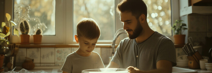 Caucasian father and son washing dishes in the kitchen. - obrazy, fototapety, plakaty