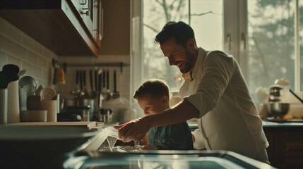 Caucasian father and son washing dishes in the kitchen.