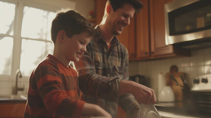 Caucasian father and son washing dishes in the kitchen.