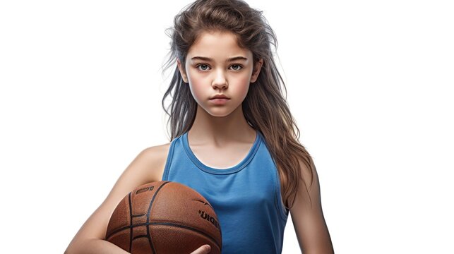 Confident young girl basketball player holding basketball sword and looking at camera