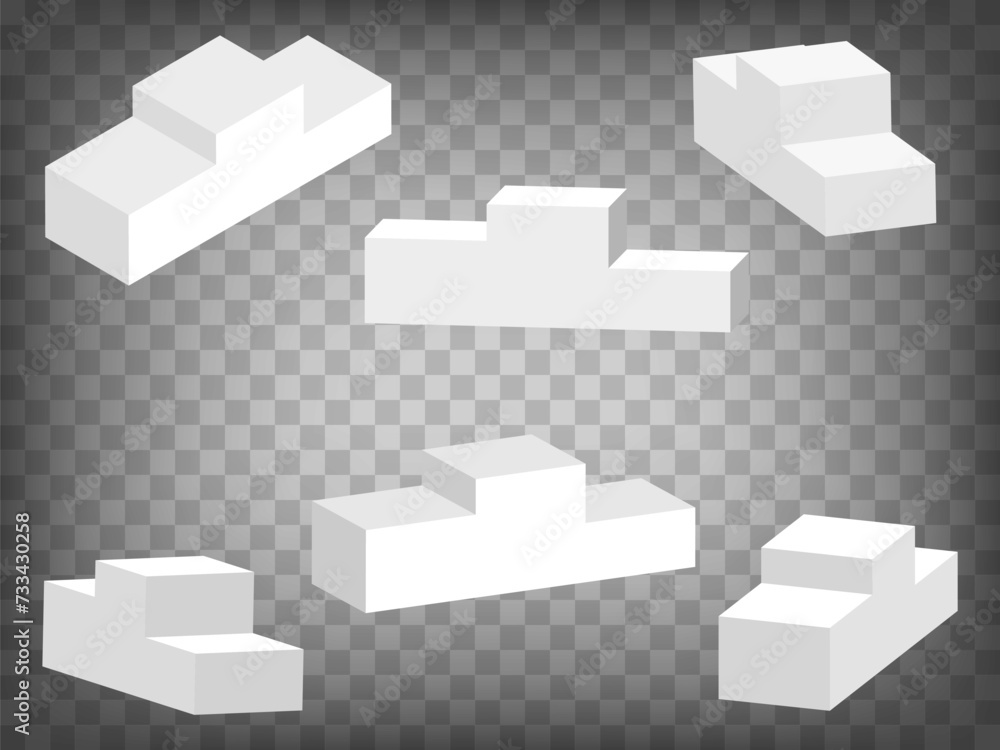 Poster set of perspective projections 3d model of realistic winner podium with rounded corners on transpare