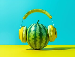 Vibrant still life of a watermelon wearing headphones. Summertime, nature and technology background.
