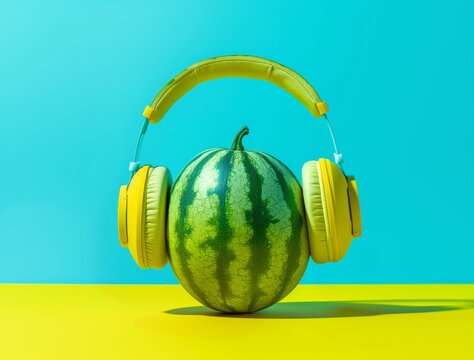 Vibrant still life of a watermelon wearing headphones. Summertime, nature and technology background.