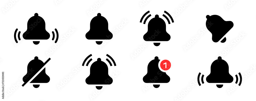 Poster Notification bell icon set. alarm alert reminder icon symbol. Ringing bells. incoming inbox message sign, New email message notification icons collection - vector web icons collection set.