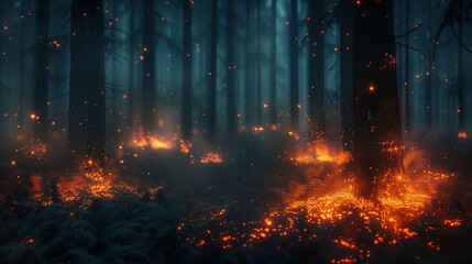 Fototapeta na wymiar Forest fire during the night.