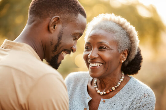 Close up candid portrait of African mother and son smiling at each other having a beautiful moment, happy young adult son and mature middle aged woman bonding, outdoor shot at golden hour