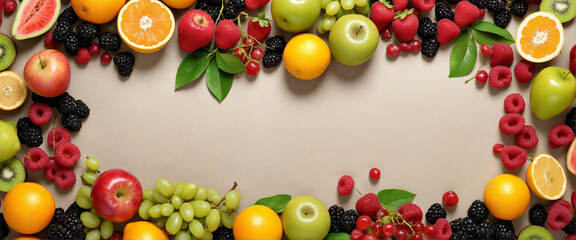 Fruits variety, top view, fruits spilled on a table, healthy eating banners, bio